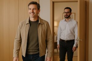 Photograph of a mature man leaving a sex therapy session at Ocnos Psychology Clinic very happy.