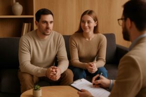 Photograph of a couple having a comfortable sex therapy session at Ocnos Psychology Clinic.