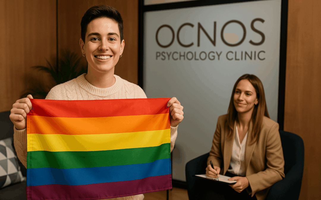 Fotografía de una mujer después de una sesión de terapia afirmativa en Ocnos Psychology Clinic sosteniendo una bandera lgtbq+