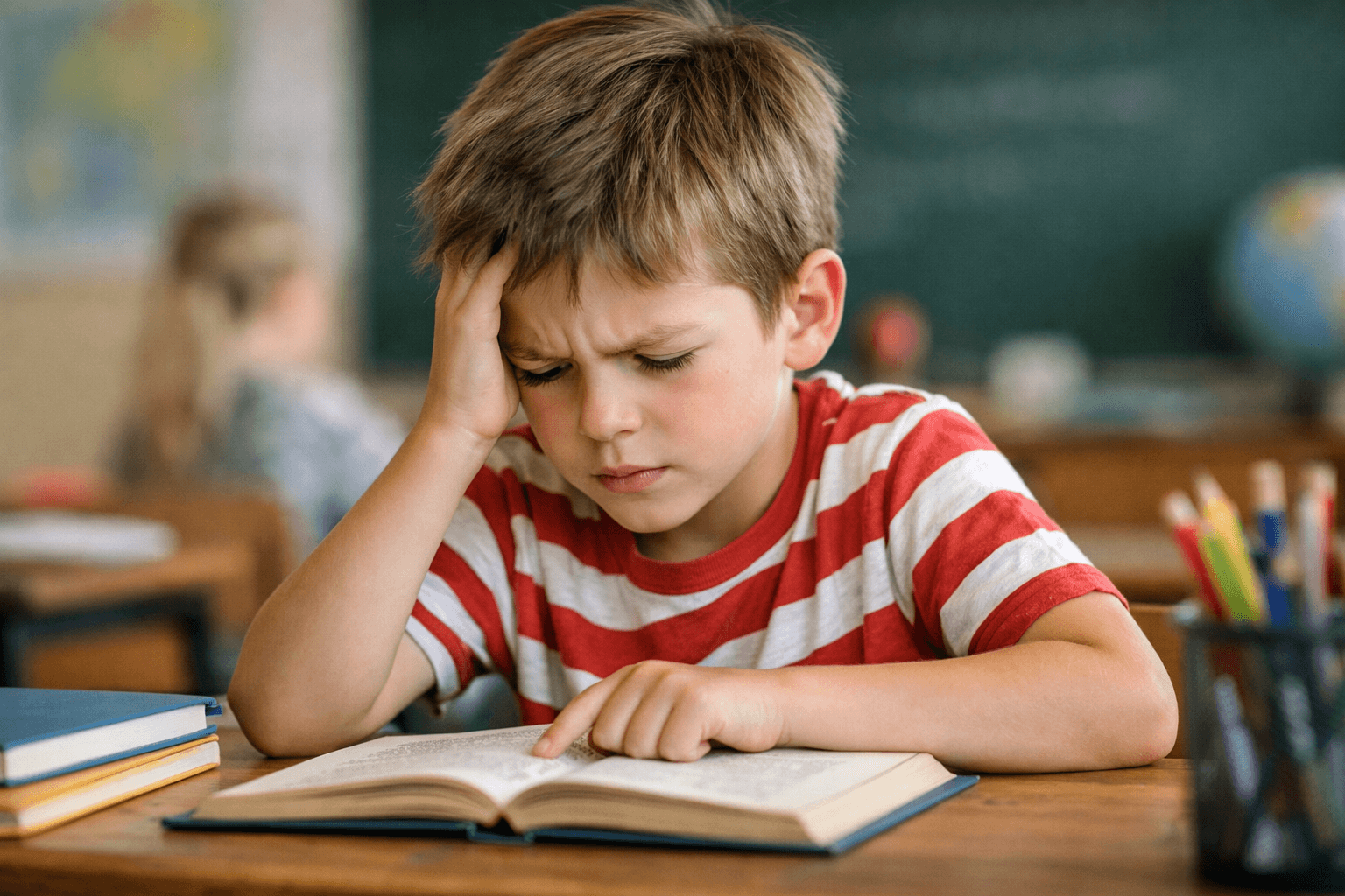 Child experiencing reading difficulties related to dyslexia in Campo de Gibraltar