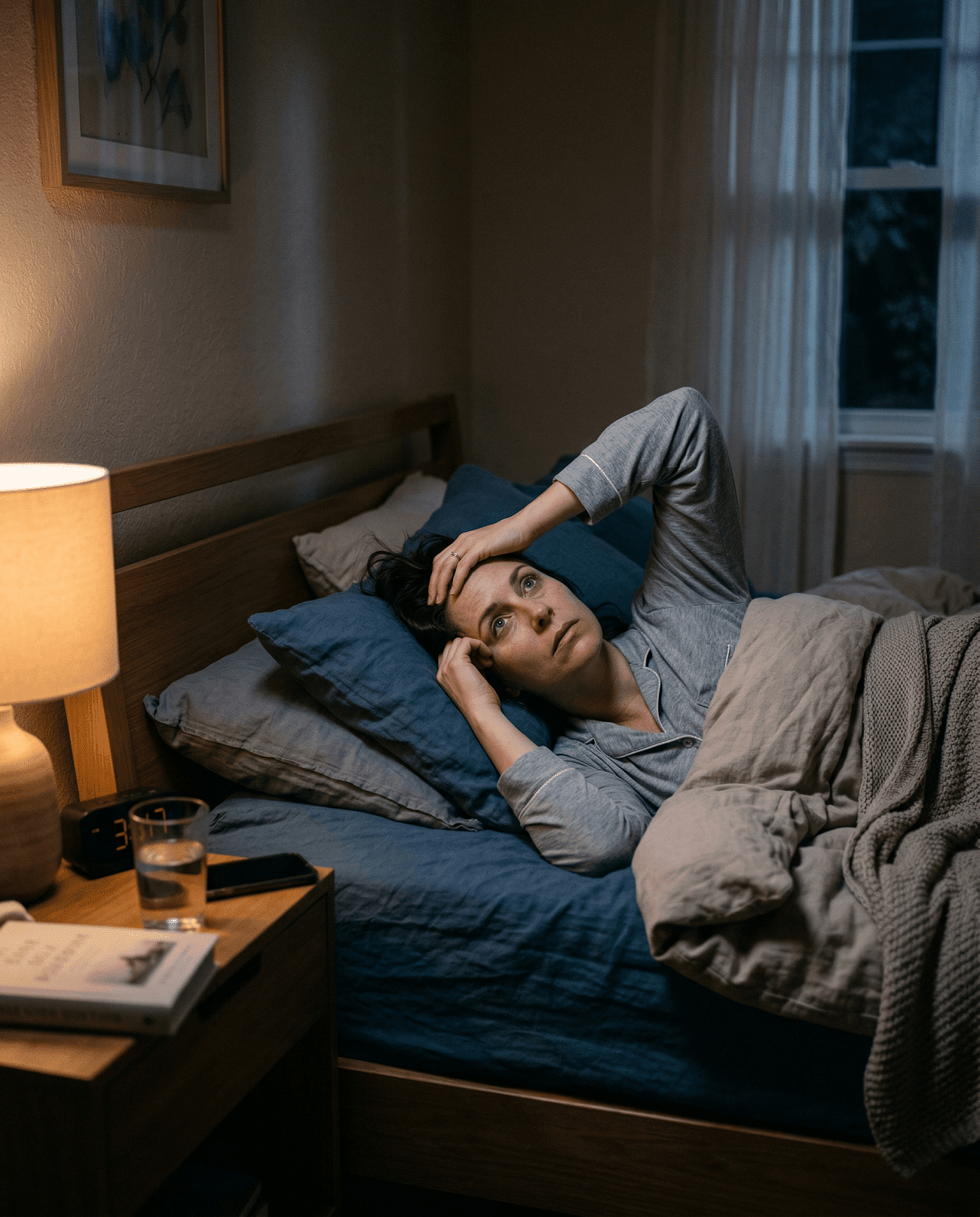 Person experiencing night-time anxiety and difficulty sleeping