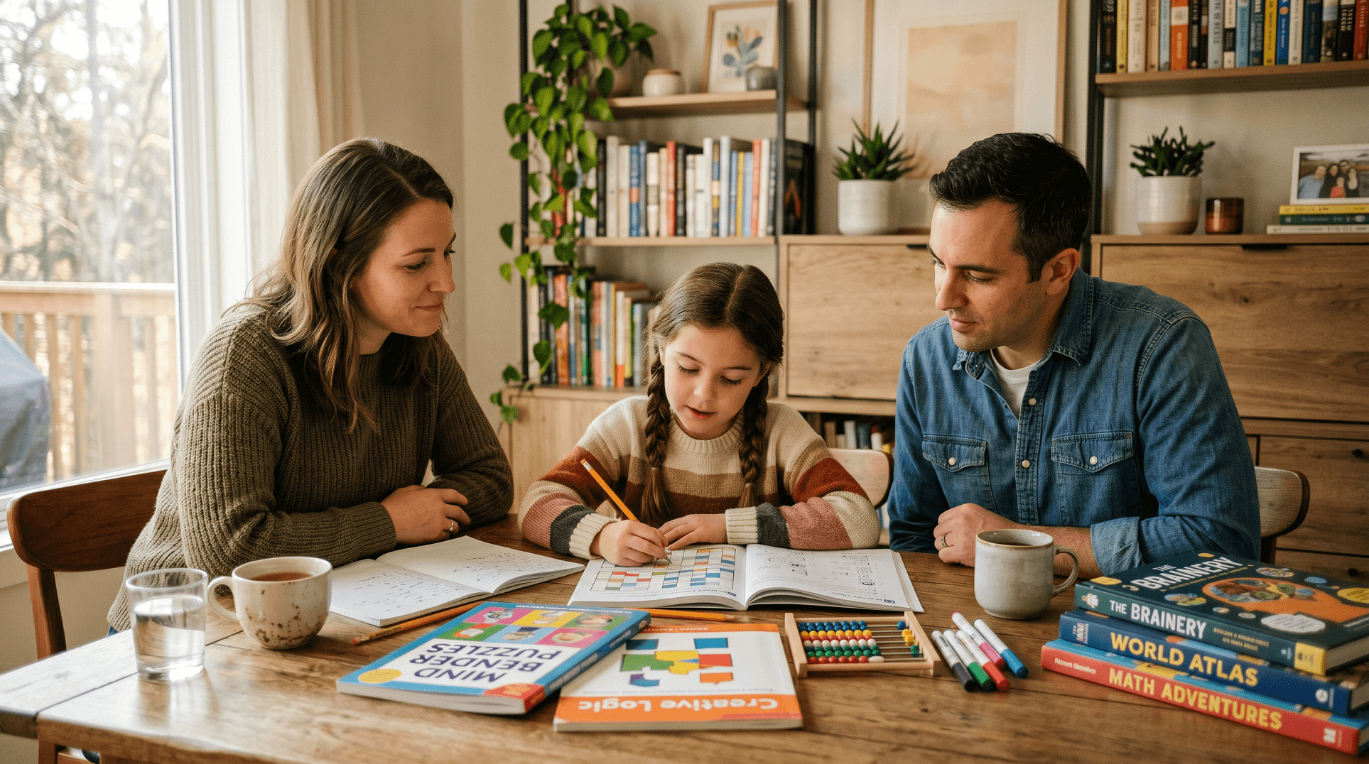 Familia revisando un test orientativo de altas capacidades para niños