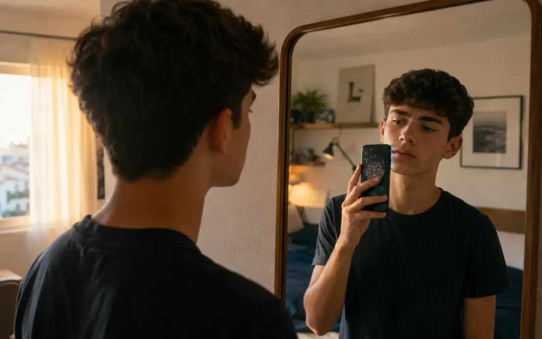 Adolescente observando su rostro en el espejo mientras se fotografía con el móvil