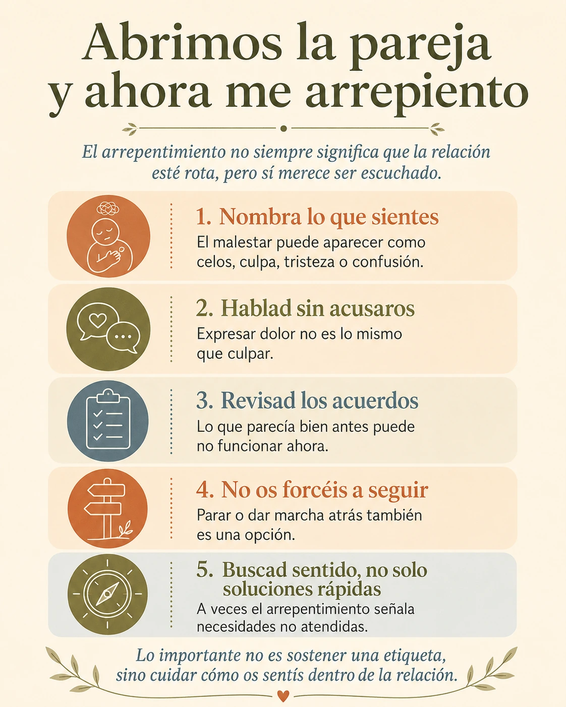 Abrimos la pareja y me arrepiento: claves Infografía con claves cuando una persona se arrepiente después de abrir la pareja