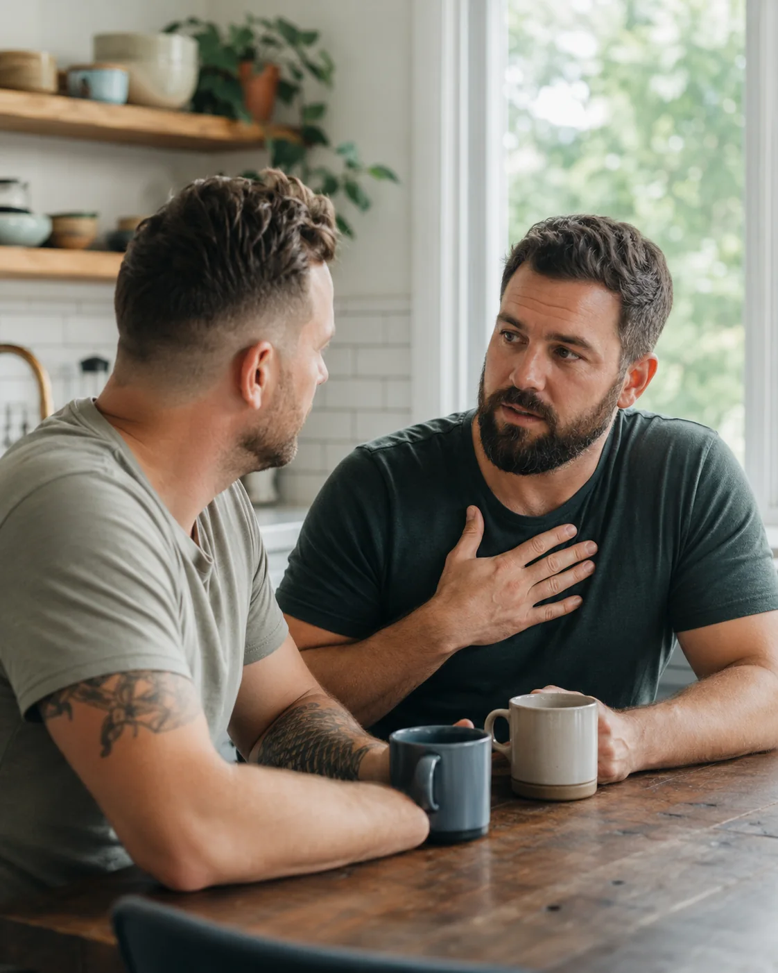 Conversación sincera después de abrir la pareja Pareja mantiene una conversación sincera en la cocina después de abrir su relación