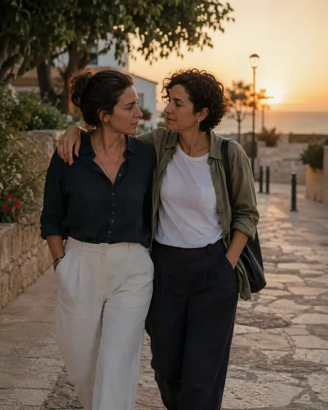 Paseo íntimo para hablar del futuro Pareja pasea al atardecer mientras habla del arrepentimiento tras abrir su relación