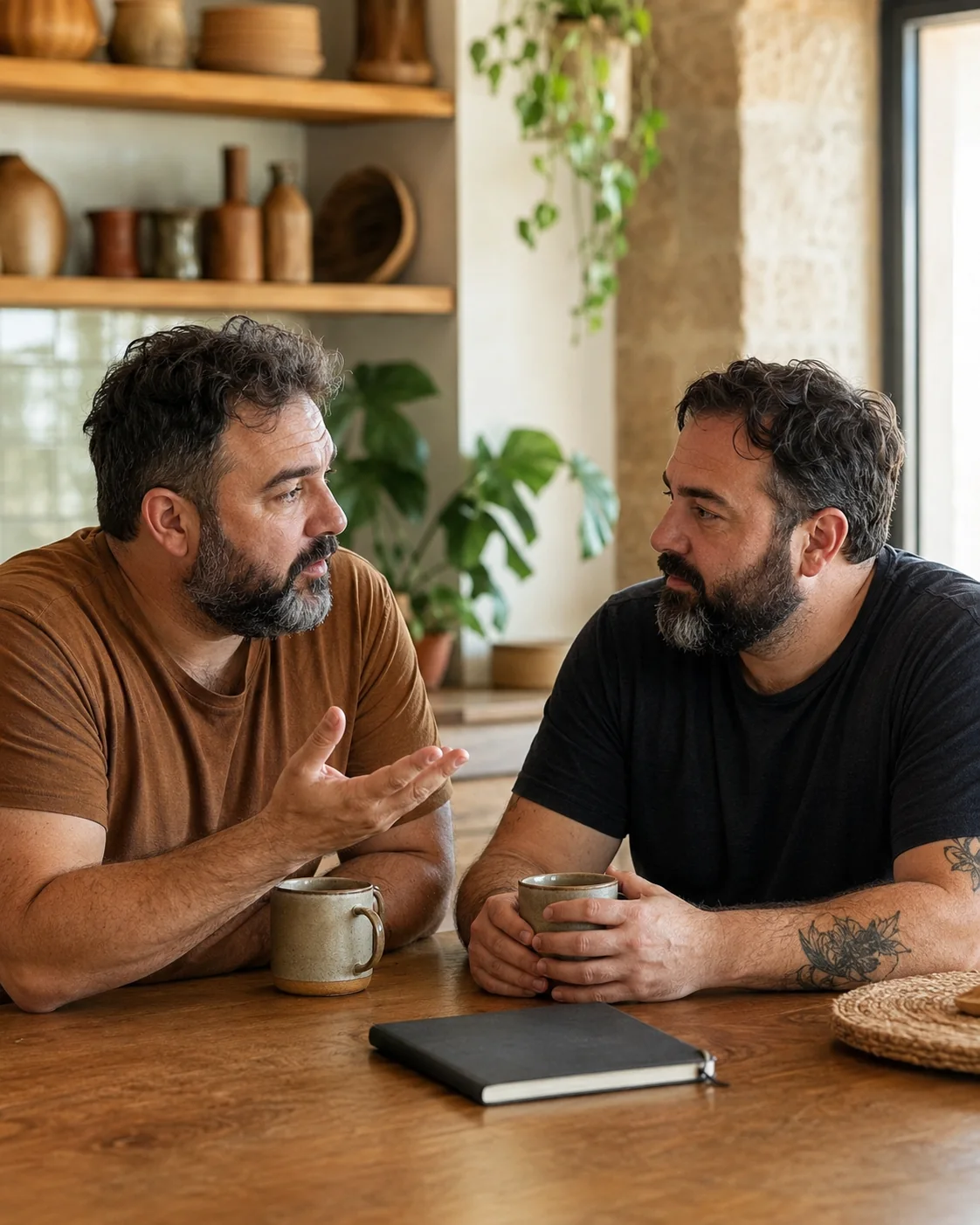 Conversación entre amigos sobre deseo y apertura Dos amigos conversan con confianza sobre deseo y modelos relacionales