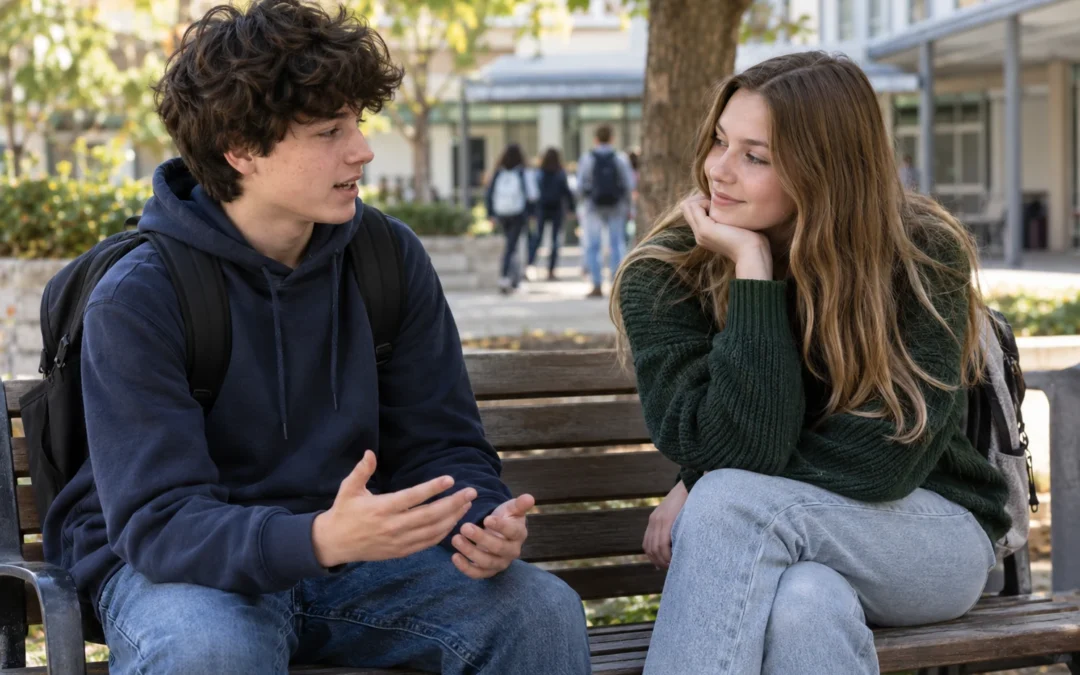 Dos adolescentes conversando tranquilamente en un banco del instituto