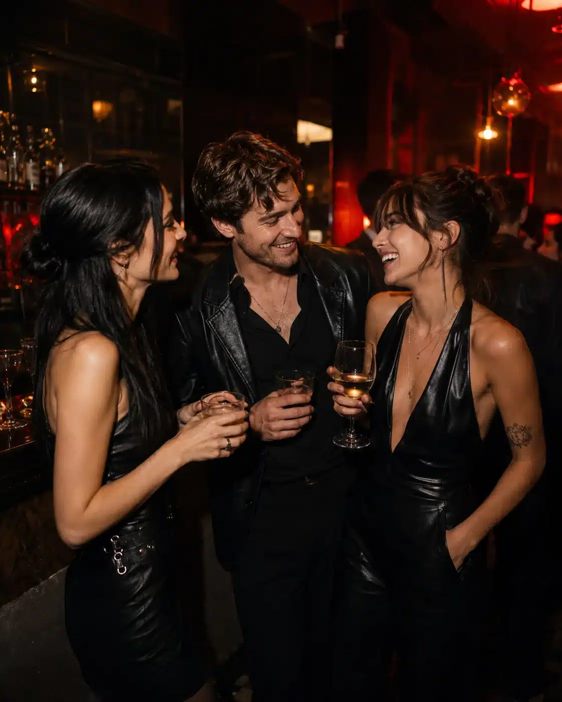 Amistad, noche y estética leather Amigos con estética leather conversan en un bar nocturno