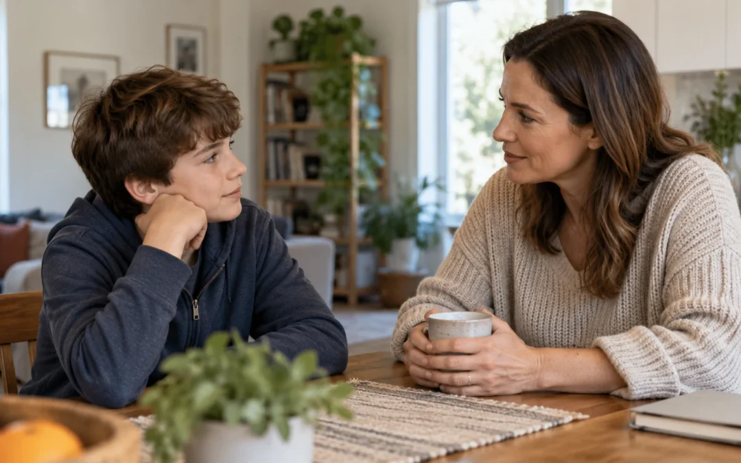 Madre y adolescente conversando con calma en casa sobre cómo se siente