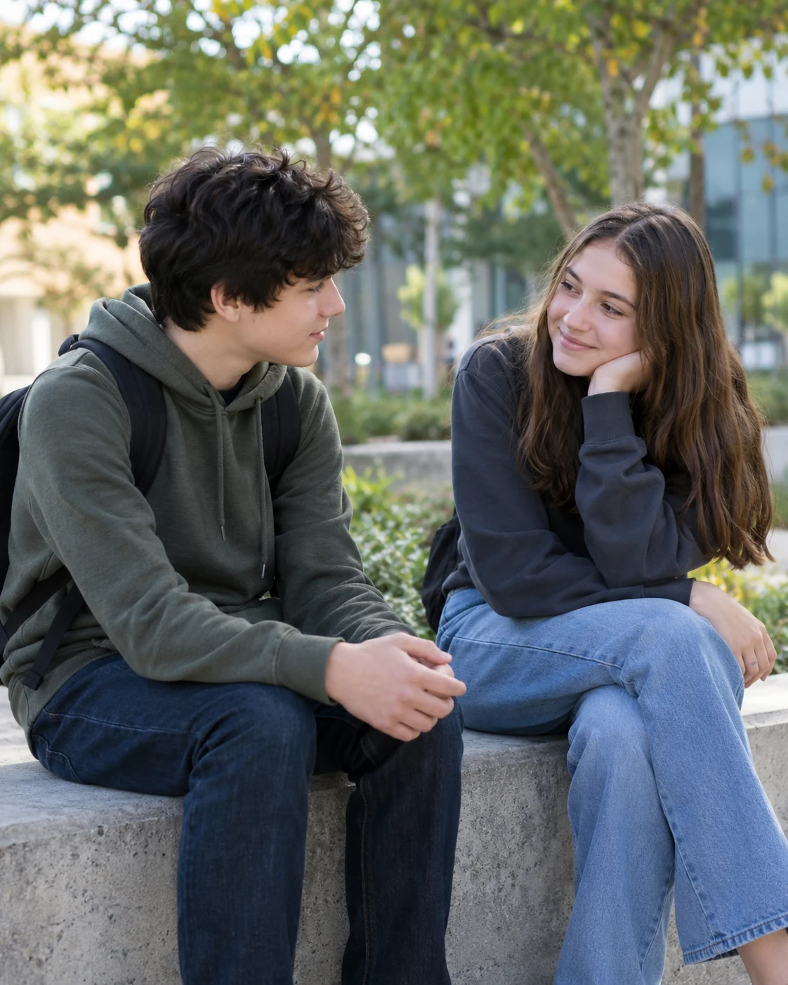 Ansiedad, amistades y conexión social Dos adolescentes conversando con tranquilidad en el exterior del centro educativo