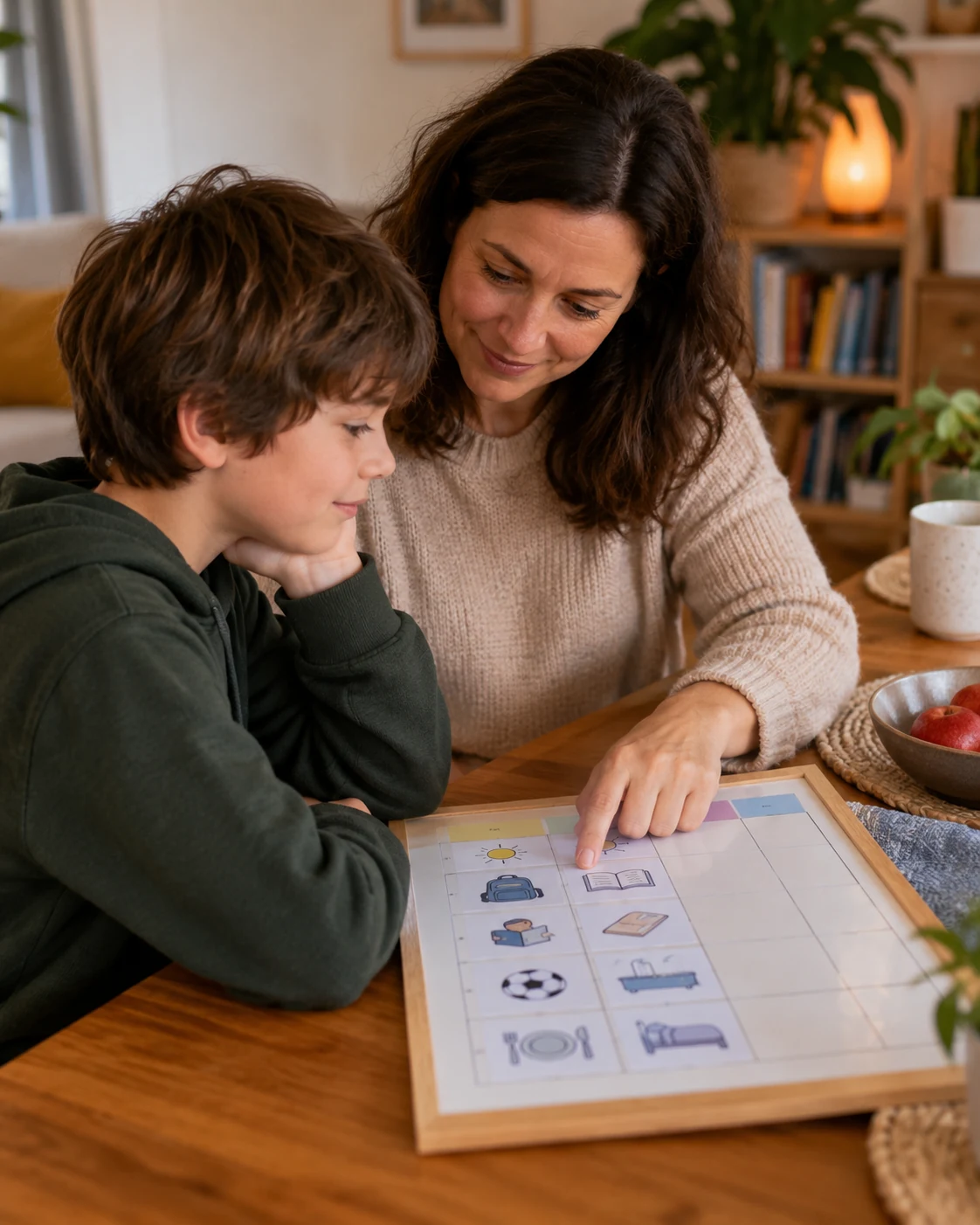 Anticipar cambios con apoyos visuales Madre e hijo revisando juntos un horario visual en casa