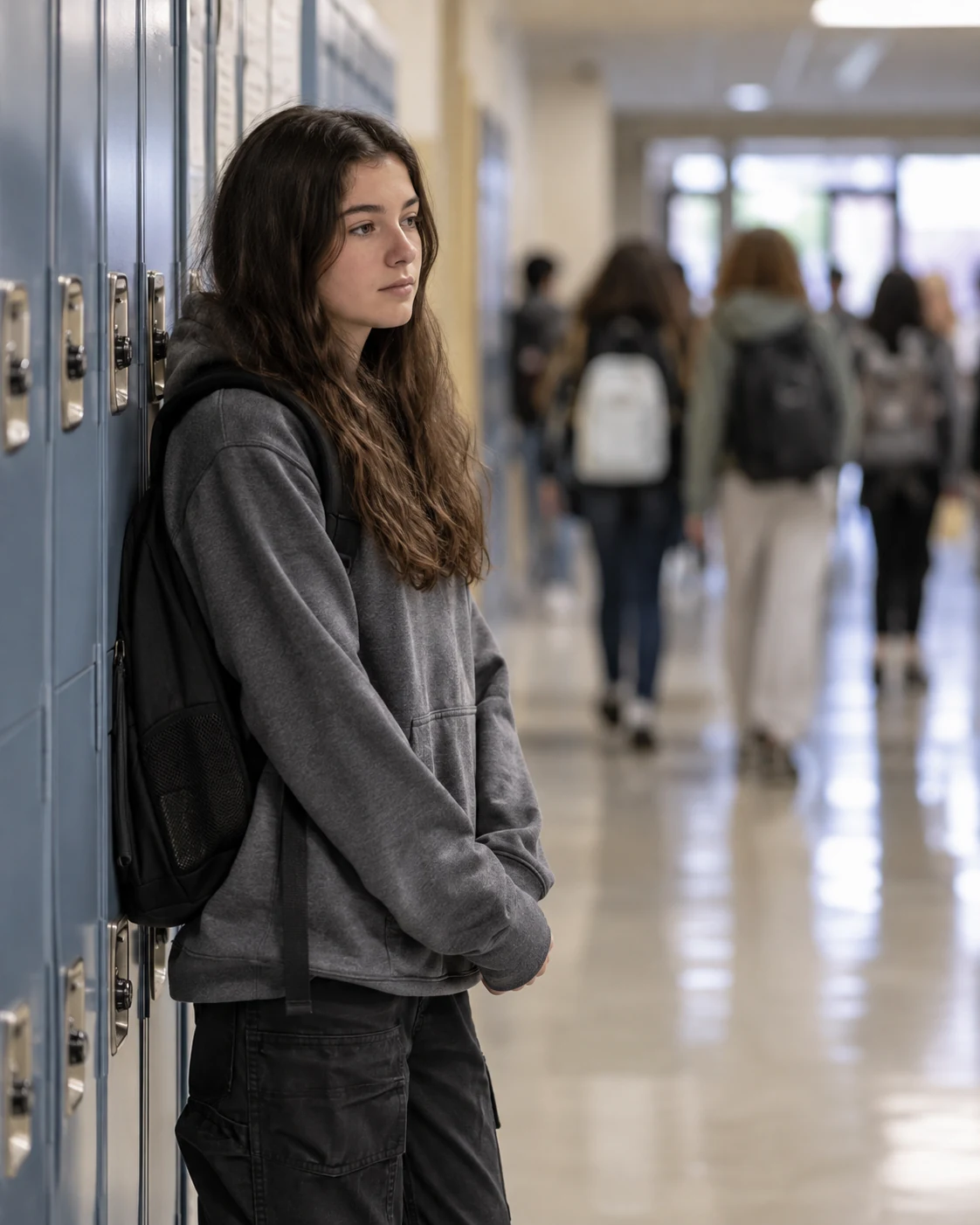 Ansiedad y demandas del entorno escolar Adolescente esperando junto a las taquillas en un pasillo de instituto