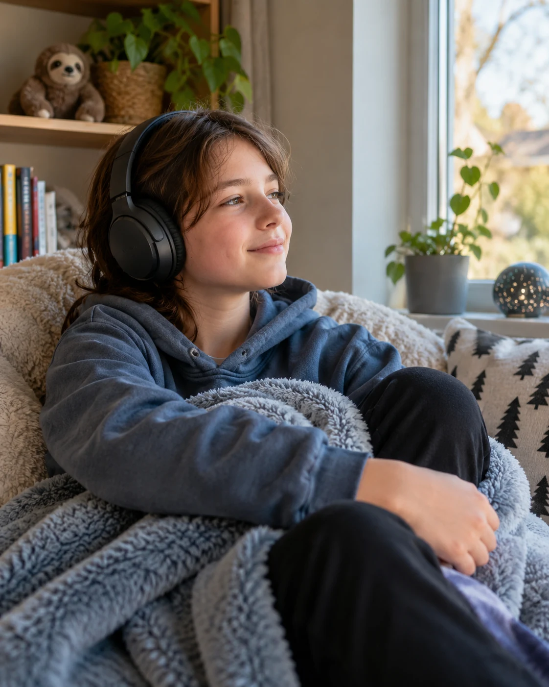 Espacios de calma y regulación en adolescentes Adolescente descansando con auriculares en un rincón tranquilo de casa
