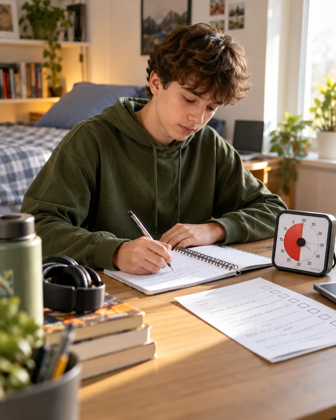 Ansiedad, estudio y planificación en adolescentes Adolescente estudiando con un temporizador visual y una lista de tareas