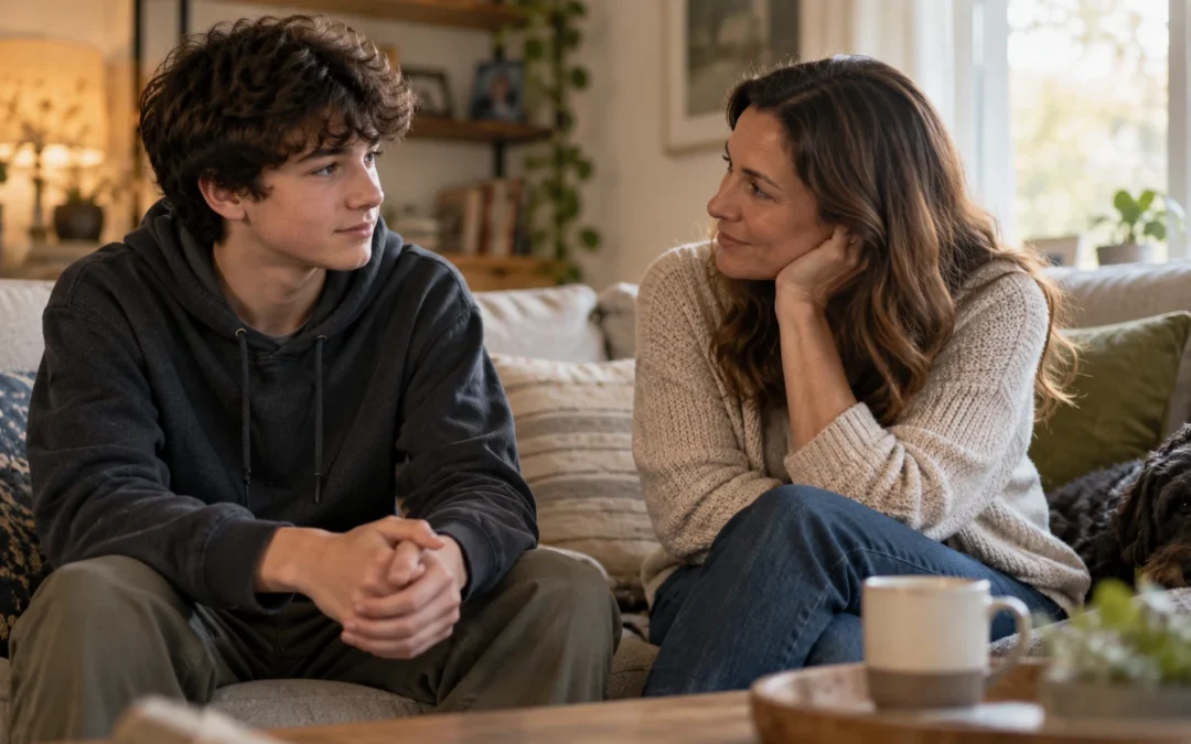 Adolescente conversando con su madre en casa en un momento tranquilo de escucha y apoyo