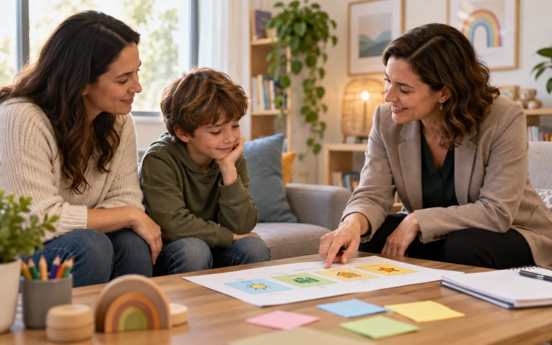 Madre, niño y psicóloga revisando juntos un plan de apoyos en un entorno cálido