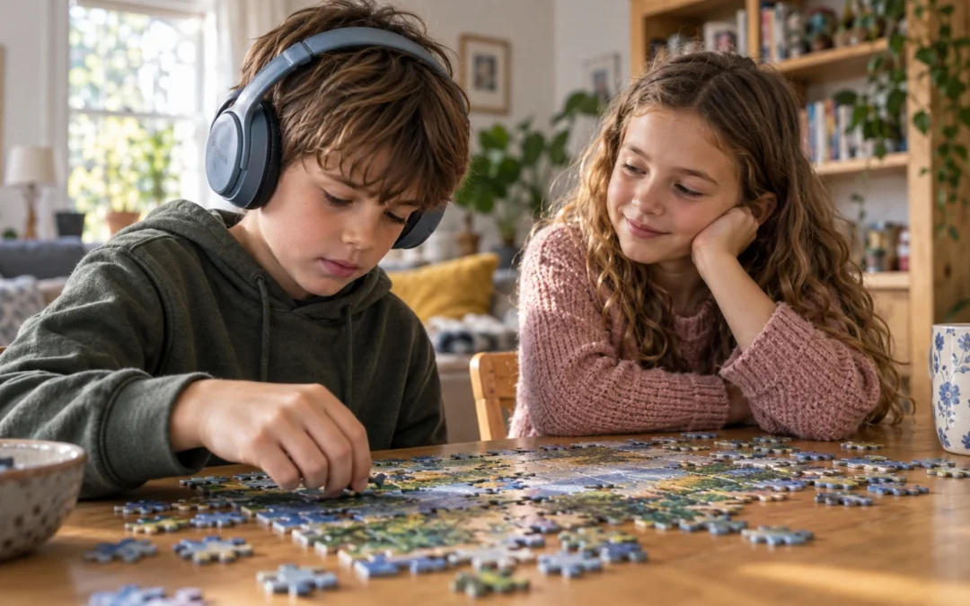 Dos niños en edad escolar compartiendo un puzzle en casa, uno concentrado en la actividad y otro observando