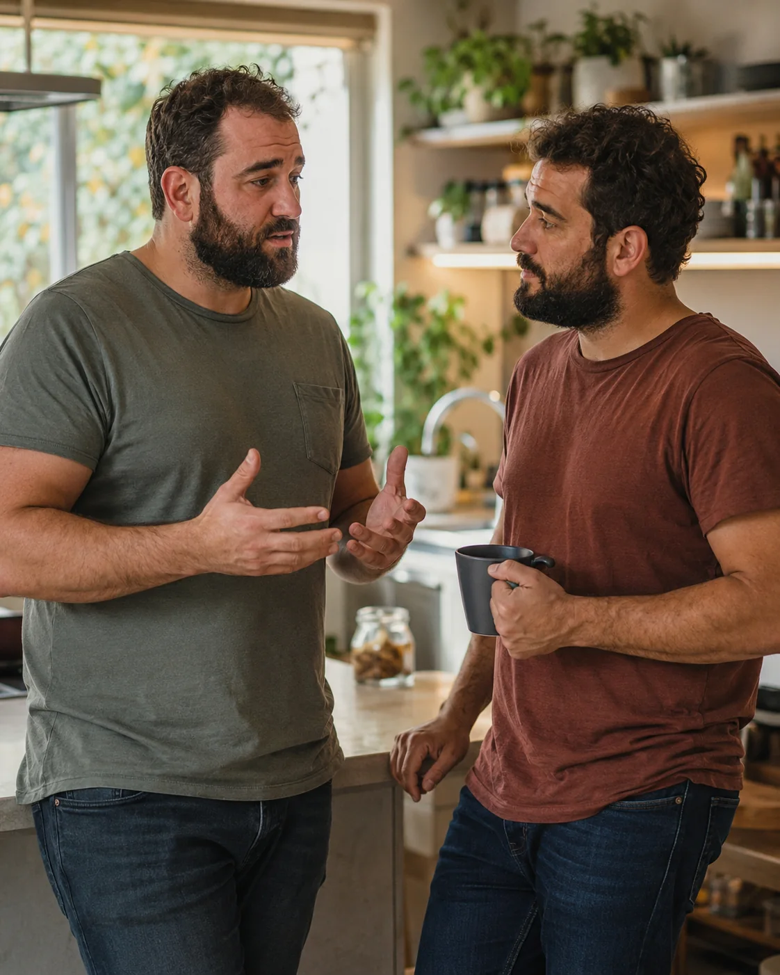 Conversación de pareja sobre celos Dos hombres con barba conversan sobre celos y acuerdos en su relación abierta
