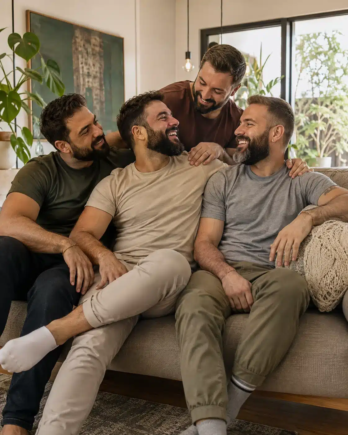 Comunicación en un cuarteto de cuatro hombres Cuatro hombres adultos conversan de forma relajada en un salón