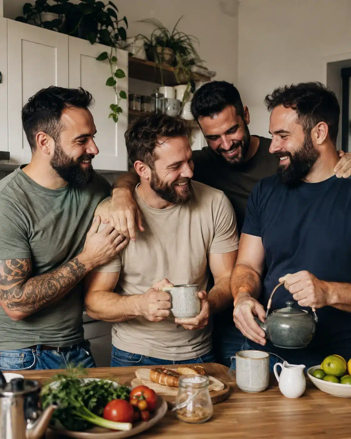 Convivencia cotidiana en un cuarteto de hombres Cuatro hombres comparten una conversación cotidiana en la cocina
