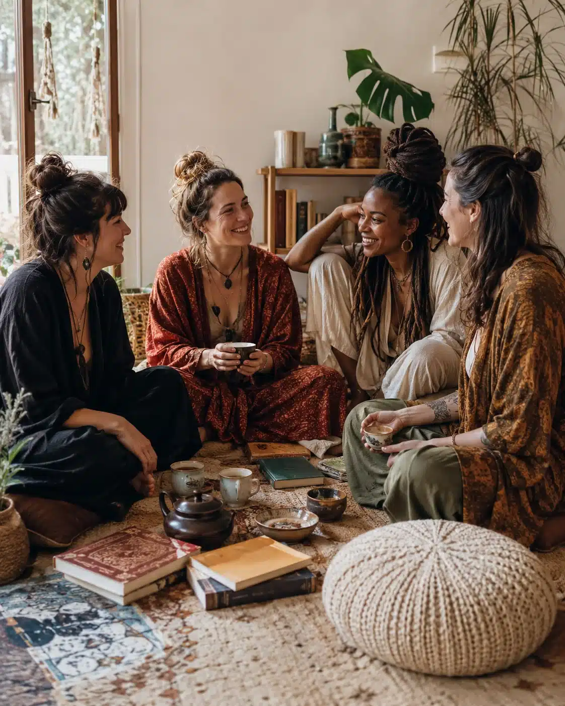 Diversidad y conexión en un cuarteto de mujeres Cuatro mujeres adultas comparten un momento de conexión y cercanía