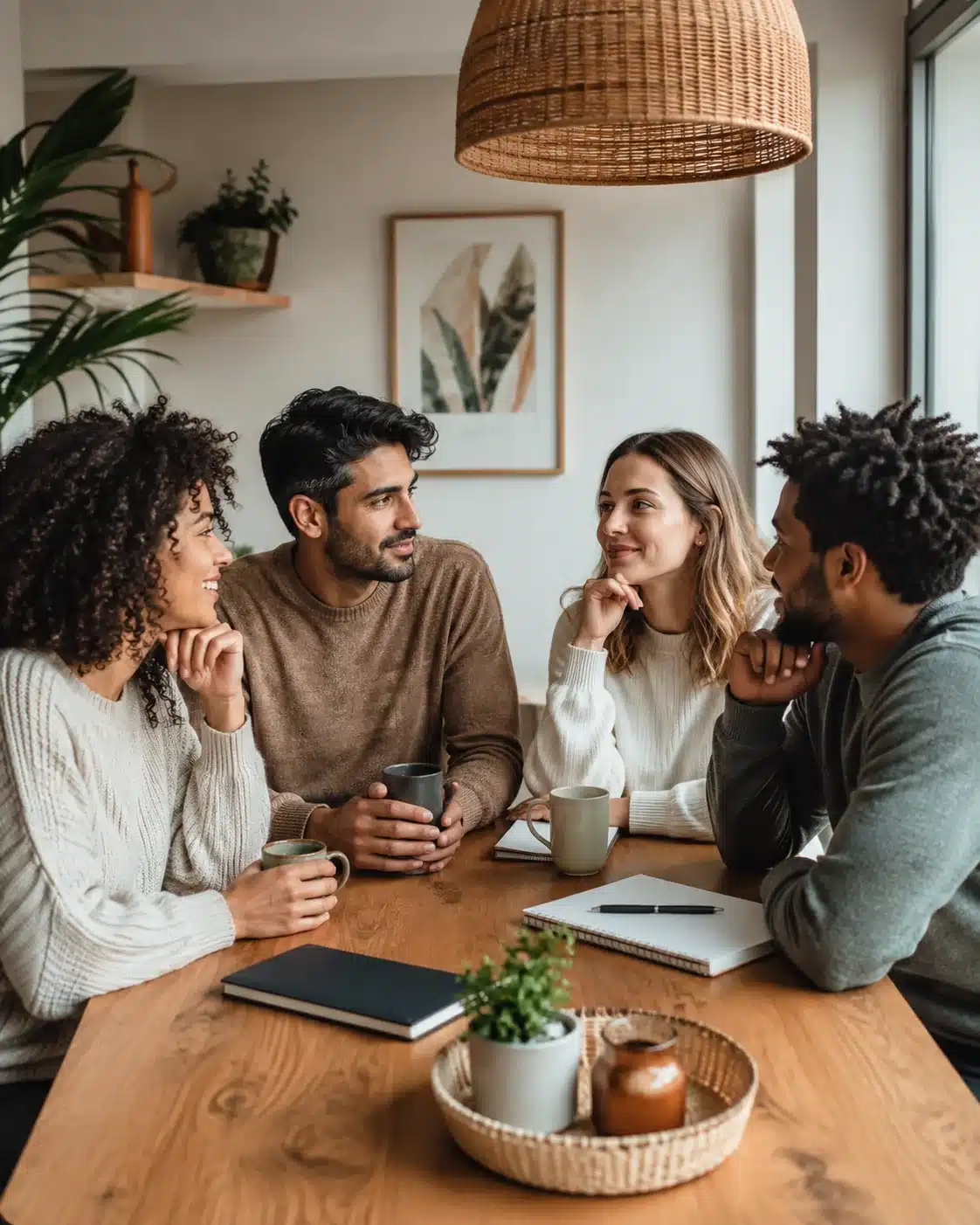 Conversación y confianza en una relación poliamorosa de cuatro Cuatro personas adultas conversan juntas con confianza y cercanía