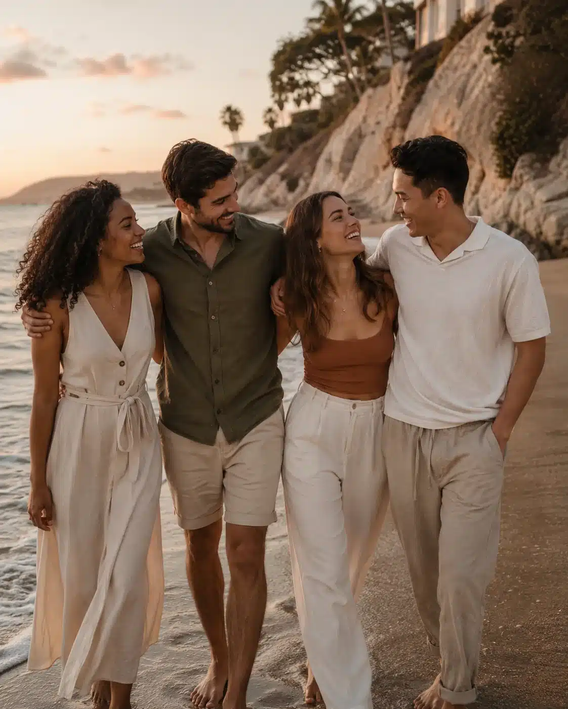 Confianza y conexión en una relación de cuatro Cuatro personas caminan juntas durante un paseo al atardecer