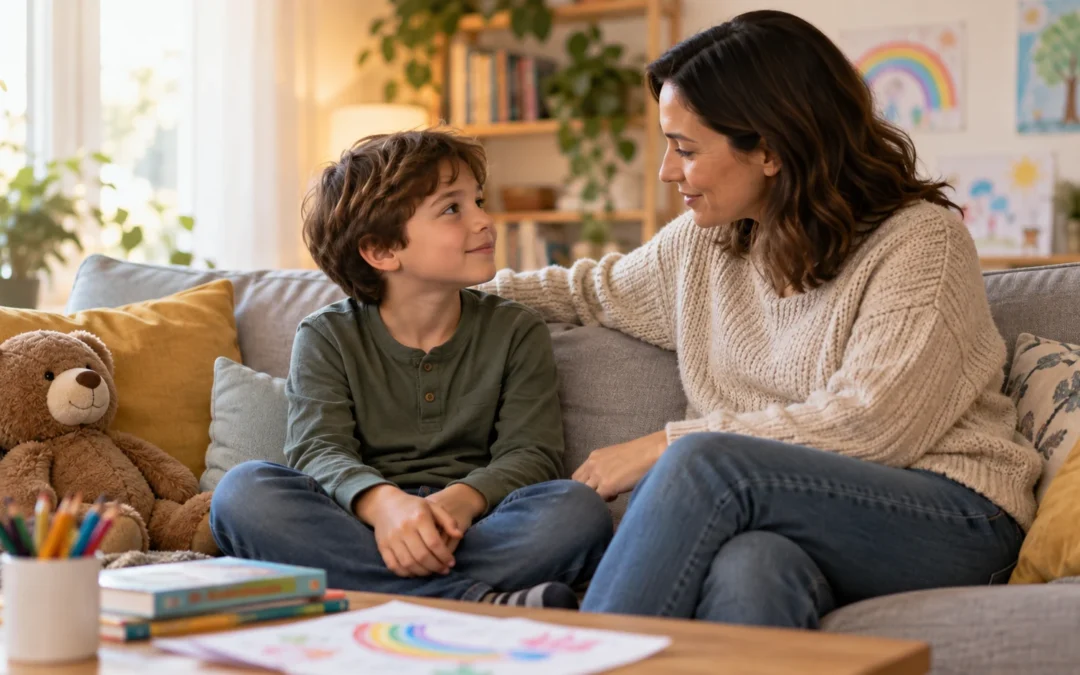 Madre y niño compartiendo un momento tranquilo de conversación en casa