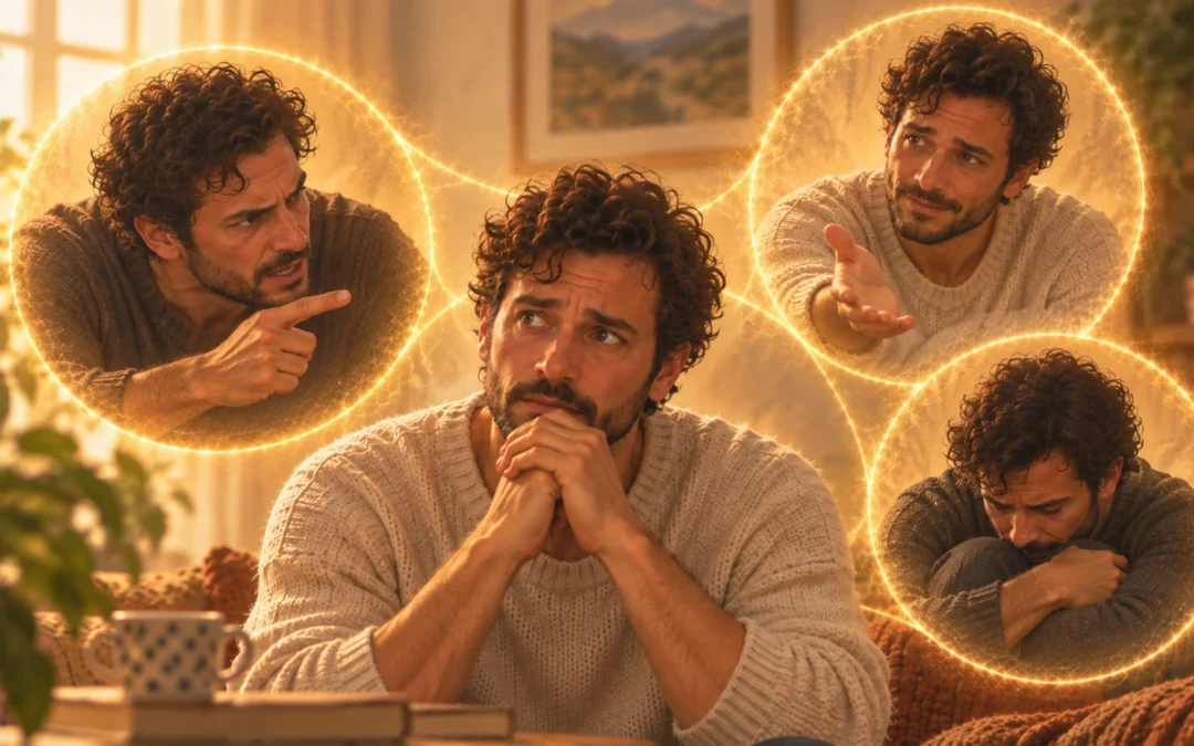 Hombre adulto reflexionando rodeado por varias versiones de sí mismo que expresan crítica, vulnerabilidad y una actitud más comprensiva