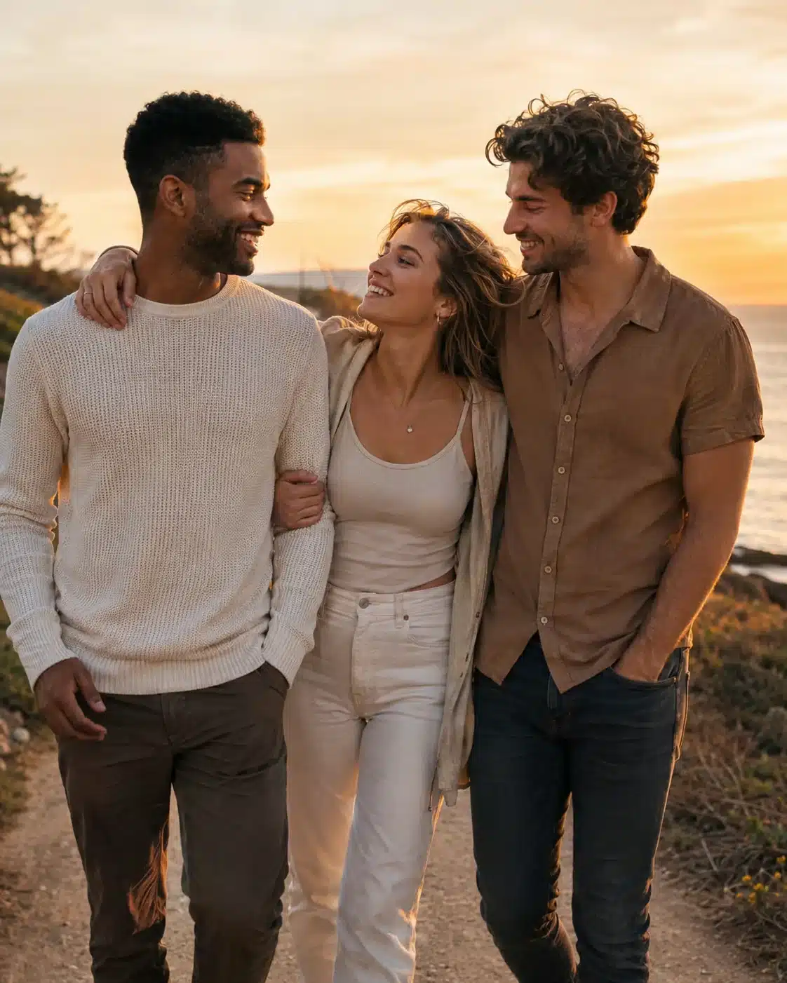 Paseo y vínculo flexible Pareja pasea mientras habla sobre un vínculo flexible y una experiencia compartida