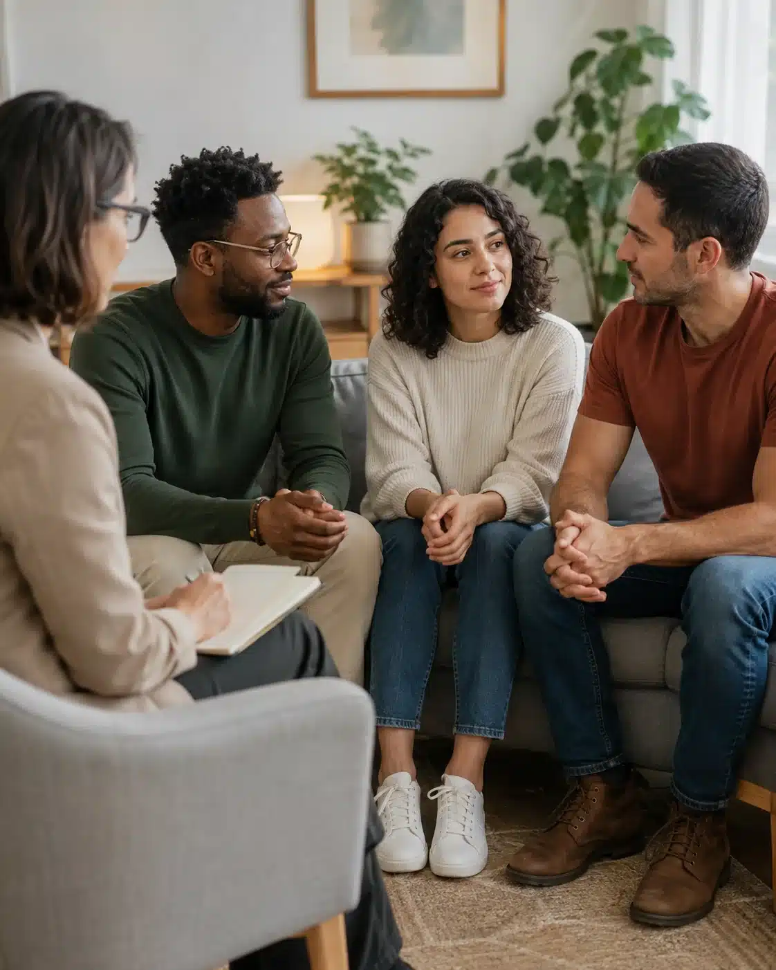 Terapia y acuerdos saludables Pareja conversa en terapia sobre límites y acuerdos para una apertura compartida
