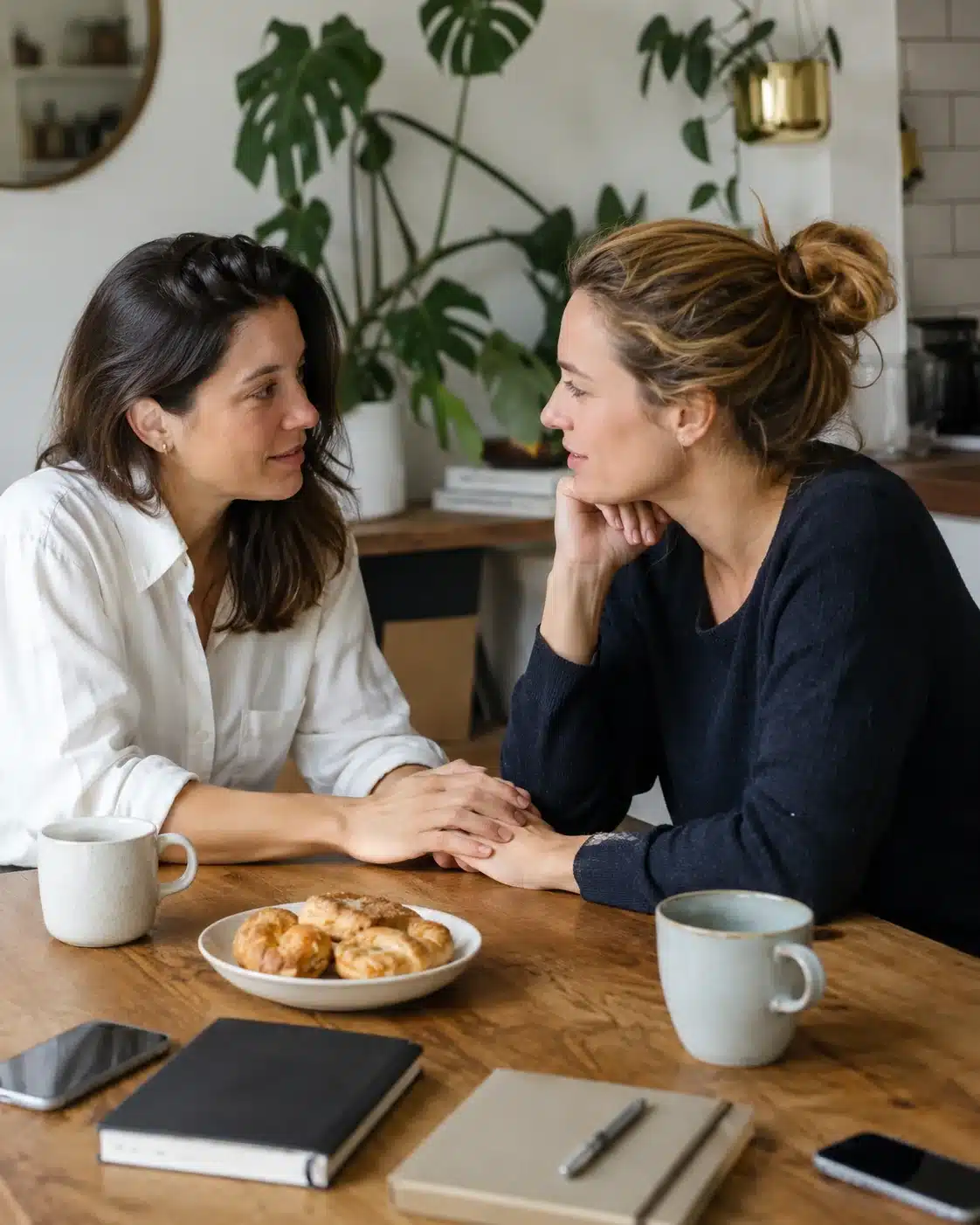 Acuerdos y futuro en una pareja LAT Pareja conversa con calma sobre acuerdos y futuro mientras vive en hogares separados