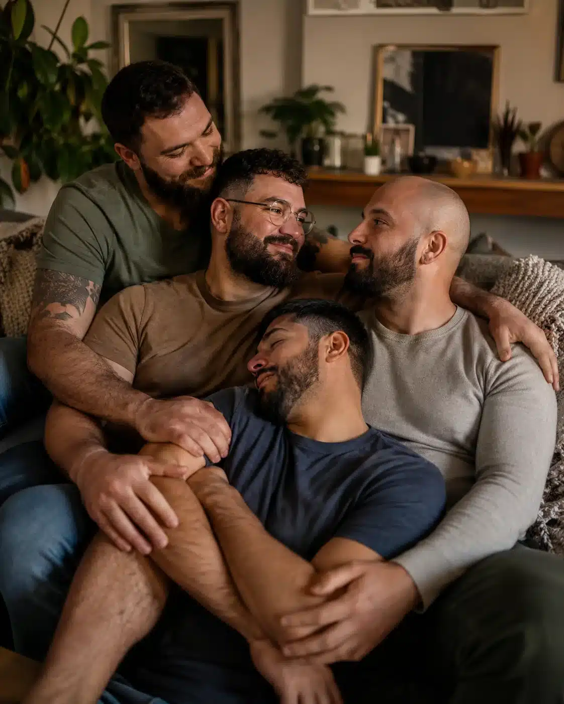 Afecto y complicidad en un vínculo poliamoroso Tres hombres gays con barba comparten afecto y complicidad en una relación poliamorosa