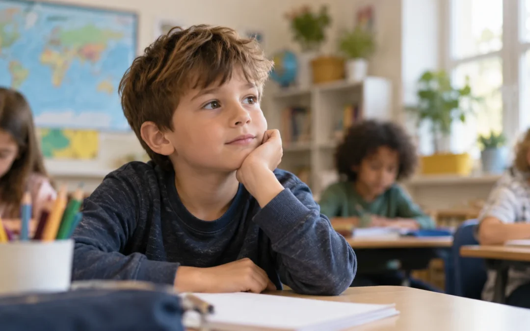 Niño en edad escolar sentado en un aula mientras observa lo que ocurre a su alrededor