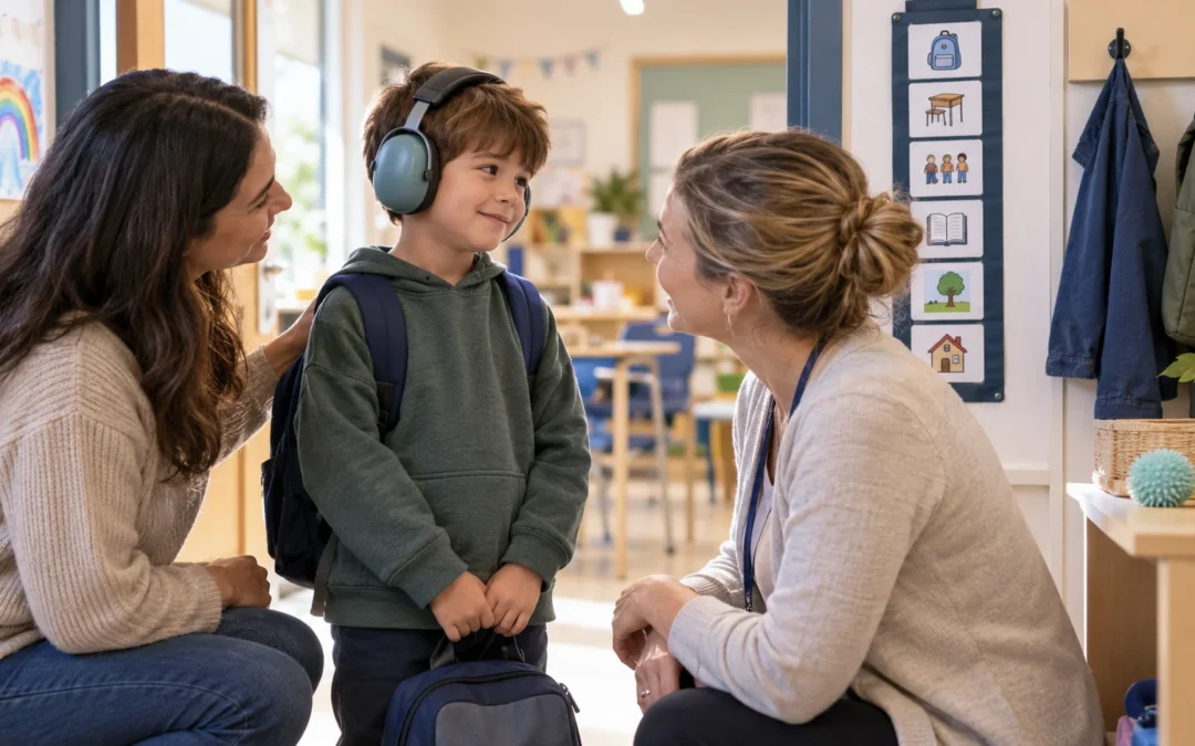 Niño con auriculares junto a su madre y una profesional en un aula