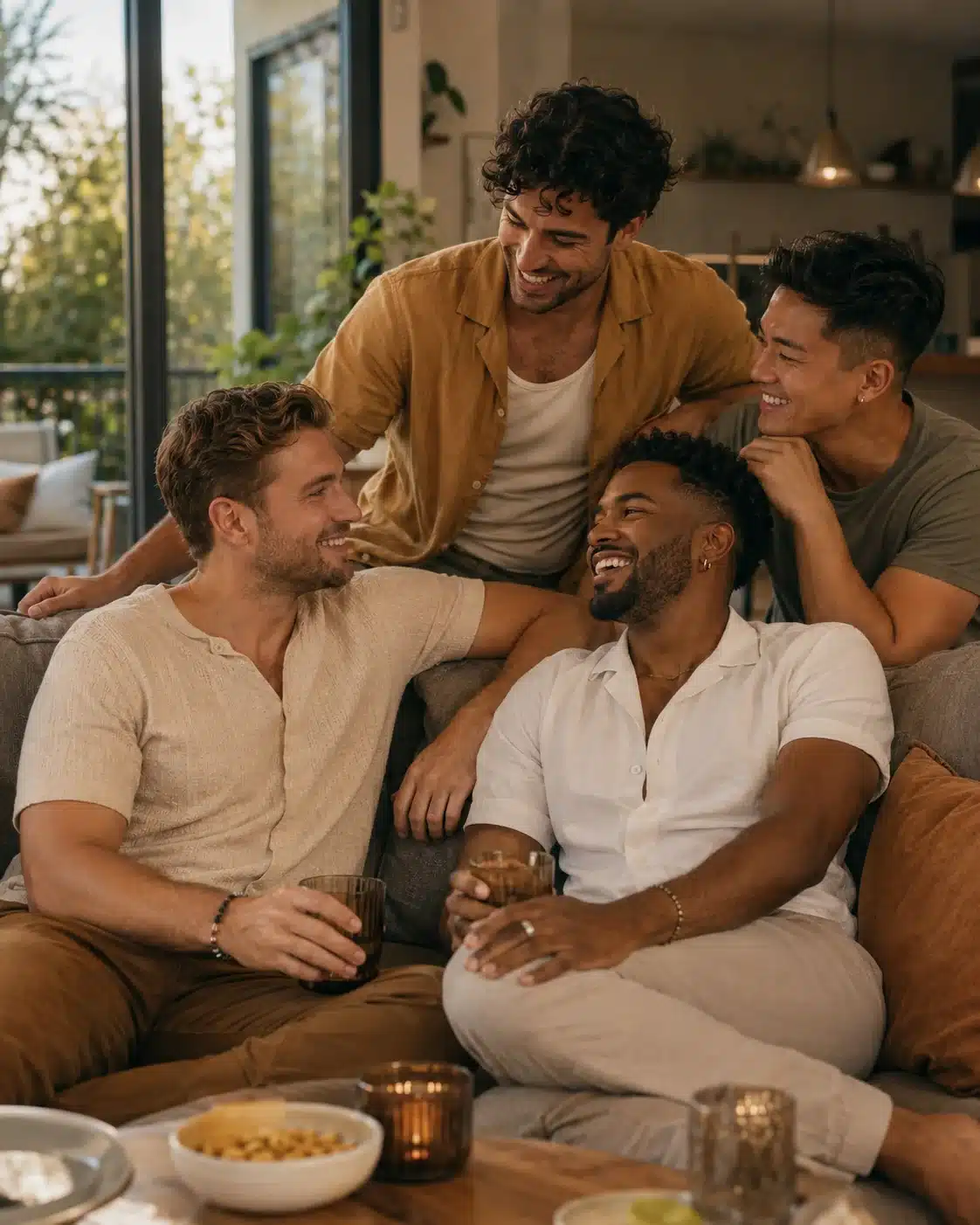 Conexión y exploración entre una pareja gay joven Una pareja de hombres gays jóvenes conversa sobre conexión, curiosidad y exploración swinger