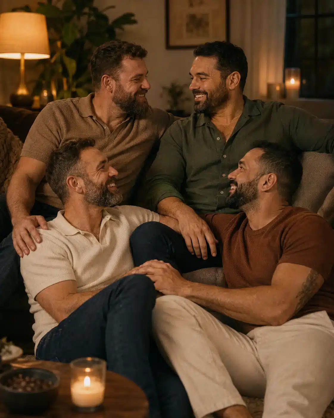 Complicidad y confianza entre hombres gays en el swinging Una pareja de hombres gays con barba comparte complicidad y confianza al hablar sobre swinging